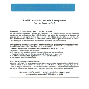 Téléconsultation assistée à la pharmacie DEPRET de Gespunsart